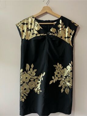 Tibi Black Mini Shift Dress with Gold Floral Print